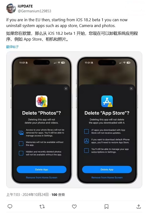 隆昌苹果手机维修分享iOS 18.2 支持删除 App Store 应用商店 