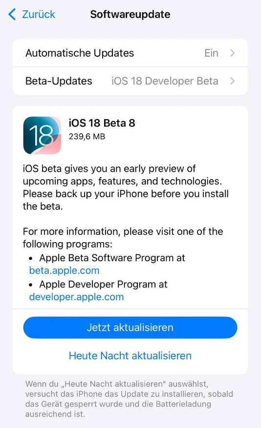 隆昌苹果手机维修分享苹果 iOS / iPadOS 18 开发者预览版 Beta 8 发布 